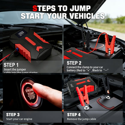 15000A Peak Car Emergency Starter & 250PSI Portable Tire Inflator, 12V (ALLGas/ 2.11 Gallons Diesel) Quick Start Vehicle, Portable Car Battery Charger, USB Input/ Output, LED Emergency Light, Car Emergency Tool