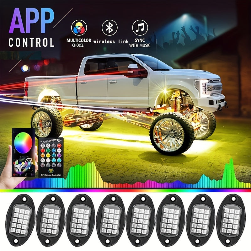[LED Rock Lights] 8pcs And 4pcs - 15 LED/8 Pods Metal Alloy Upgraded LED Rock Lights, Suitable for Trucks, RGB LED Rock Lights with APP/Music Mode, Suitable for Jeeps, Trucks, UTVs, SUVs And Golf Carts, Neon Light Chassis Kits for Backlights, Car Accessor