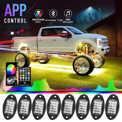 [LED Rock Lights] 8pcs And 4pcs - 15 LED/8 Pods Metal Alloy Upgraded LED Rock Lights, Suitable for Trucks, RGB LED Rock Lights with APP/Music Mode, Suitable for Jeeps, Trucks, UTVs, SUVs And Golf Carts, Neon Light Chassis Kits for Backlights, Car Accessor
