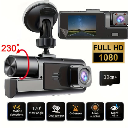 1080P Triple Camera Dash Cam, Car Camera with IR Night Vision, 170° Wide Angle Car DVR Camera, 16GB/32GB TF Card Optional, Loop Recording, G-Sensor | 2-Inch IPS Screen Dual Lens Car Dashboard Video Cam, 24H Parking Mode, Christmas Gift