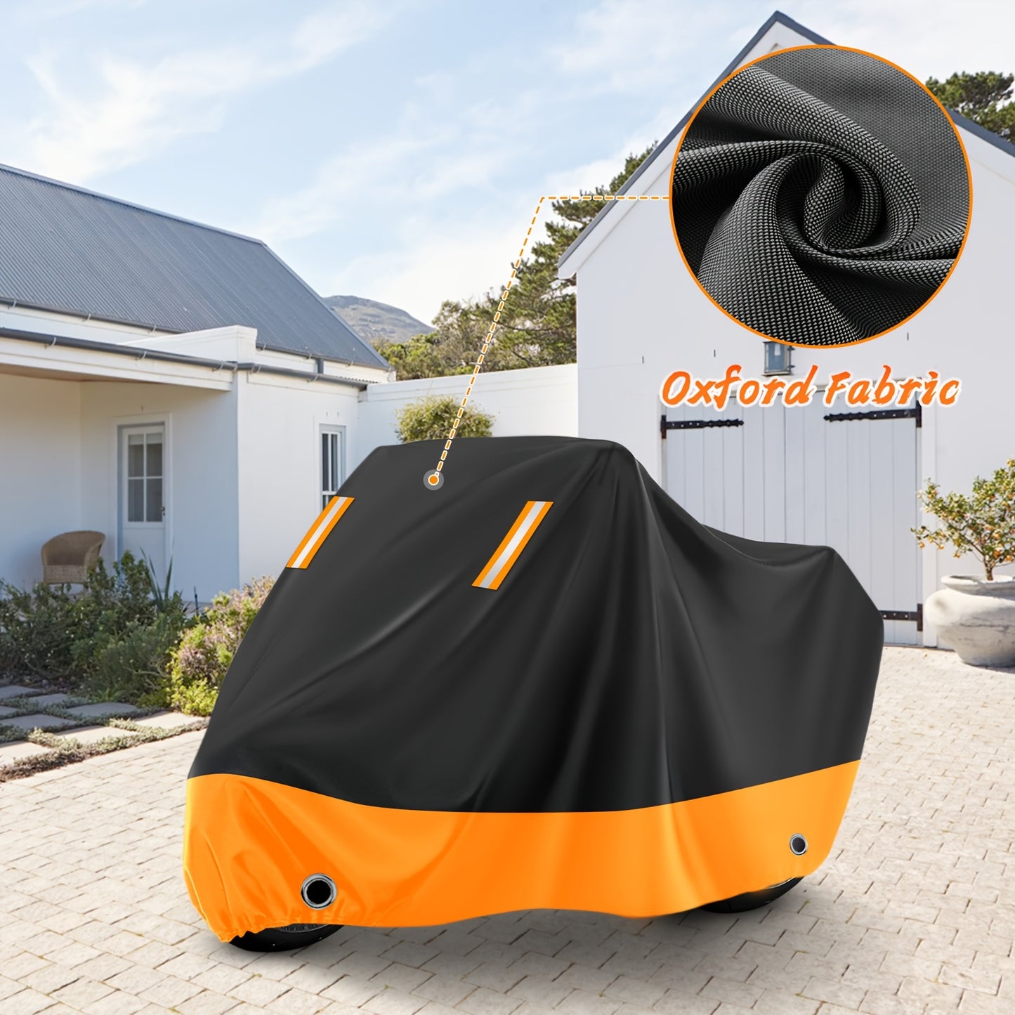 Motorcycle Cover, 210D, All-Weather Outdoor UV And Dust Protection, Protects Paintwork with Reflective Strips, Suitable for Harley-Davidson, for HONDA, And for SUZUKI (Black And Orange)