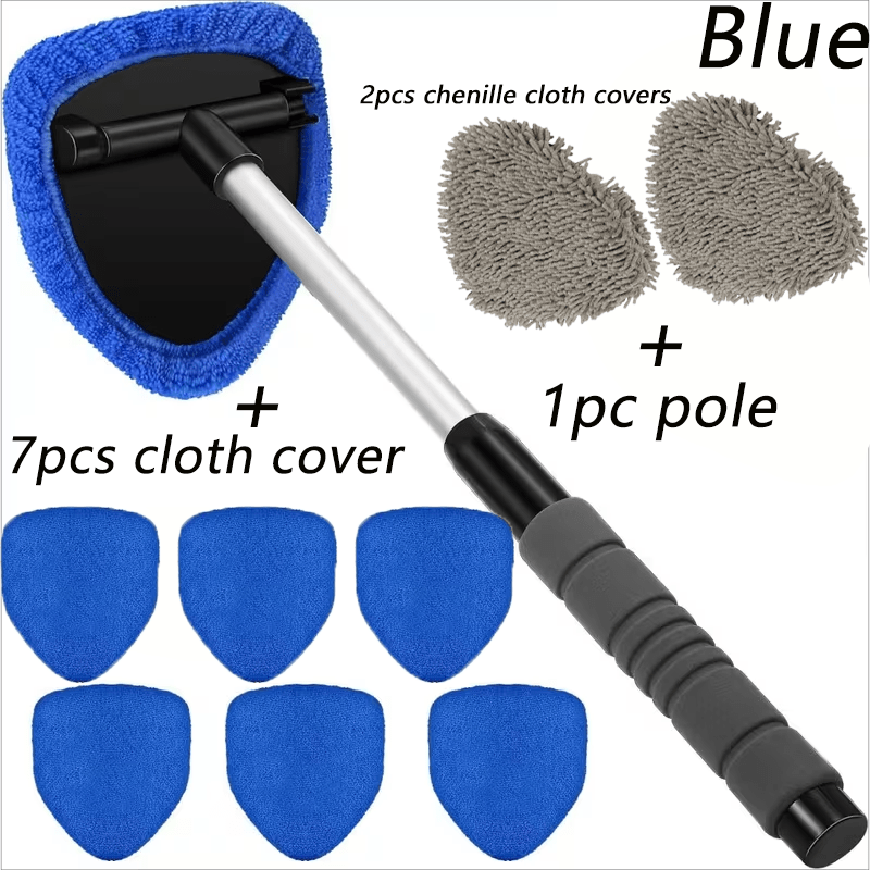 10pcs Microfiber Car Windshield Cleaning Tool Kit with Telescoping Handle And 4 Wipes - Heavy Duty Extension Pole, Durable Plastic Material, for Interior/Exterior Glass, Car Cleaning Tools, Vehicle Maintenance, Ergonomic Handle