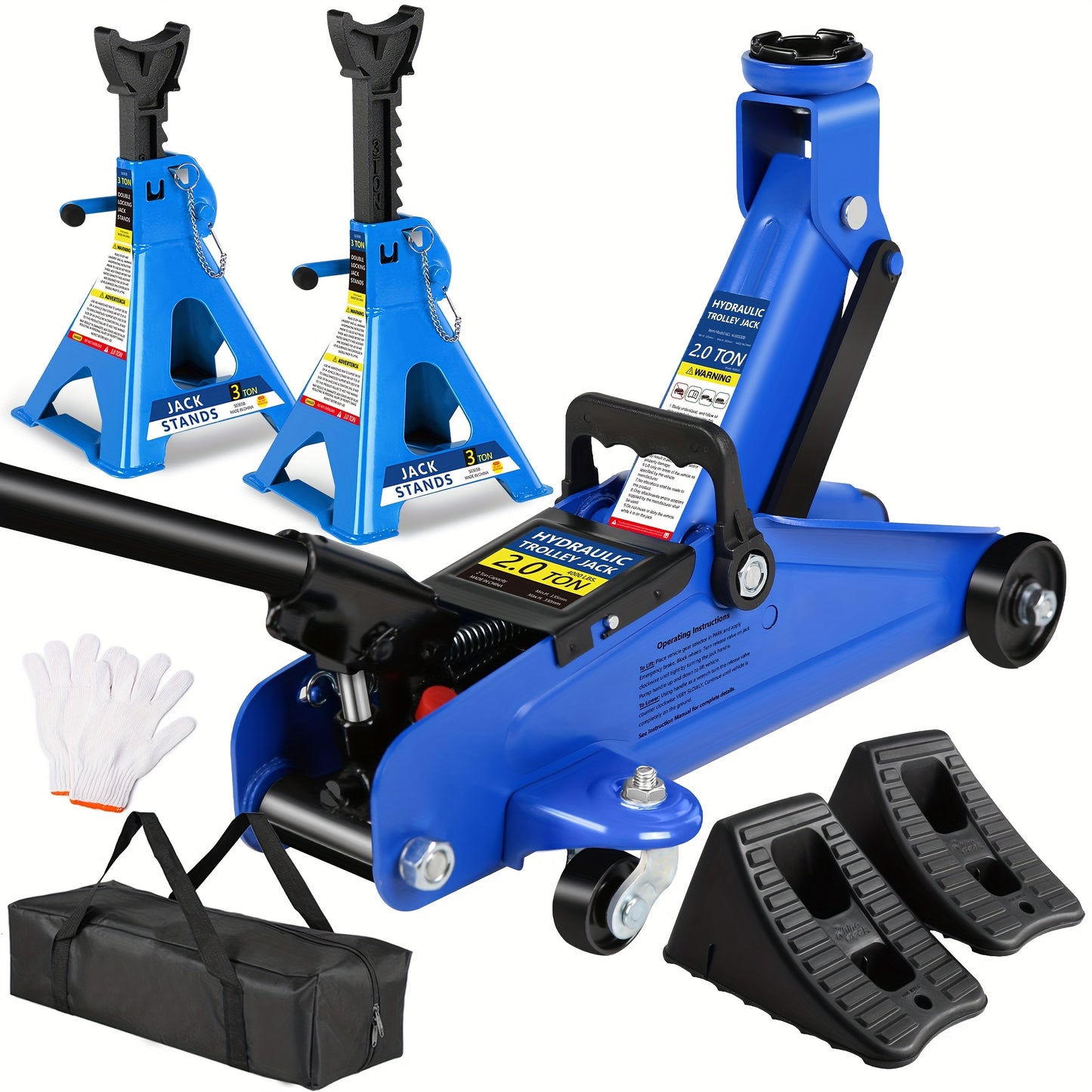 2/2.5/3 Ton Capacity, Jack Kit Low Profile Hydraulic Trolley Service/Floor Jack Combo, Multiple Meal Plans to Choose from 3 Ton Jack Stands 2PCS, Tire Repair Kit, 14-inch Wheel Cross Wrench, Wheel Chock, Jack Accessories Red/Blue