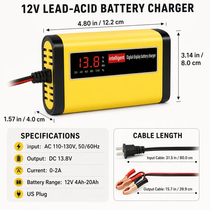 12V Intelligent Car Battery Charger - Intelligent Trickle Maintainer And Desulfurizer - Advanced Temperature Compensation Motorcycle Battery Charger for All 2Ah-100Ah Batteries, Car, Truck, Lawn Mower Battery Charger