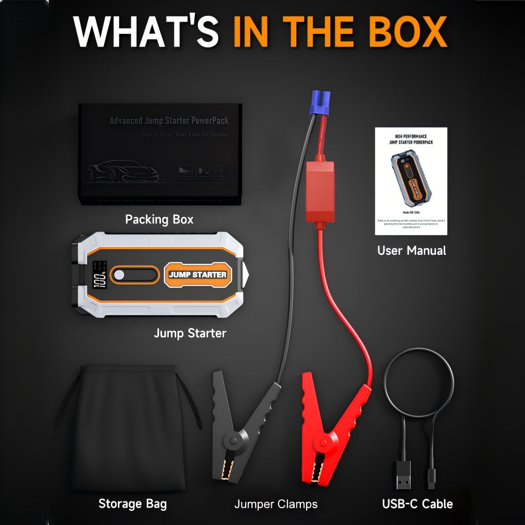6000A Peak All-in-One Heavy-Duty Jump Starter with USB Ports & LED Flashlight - 12V Lithium-Ion Fast-Charging Portable Power Bank, Compact & Portable with Safety Hammer, 12V for Cars, SUVs, Trucks, Motorcycles, Boats, RVs, ATVs, Emergency Use