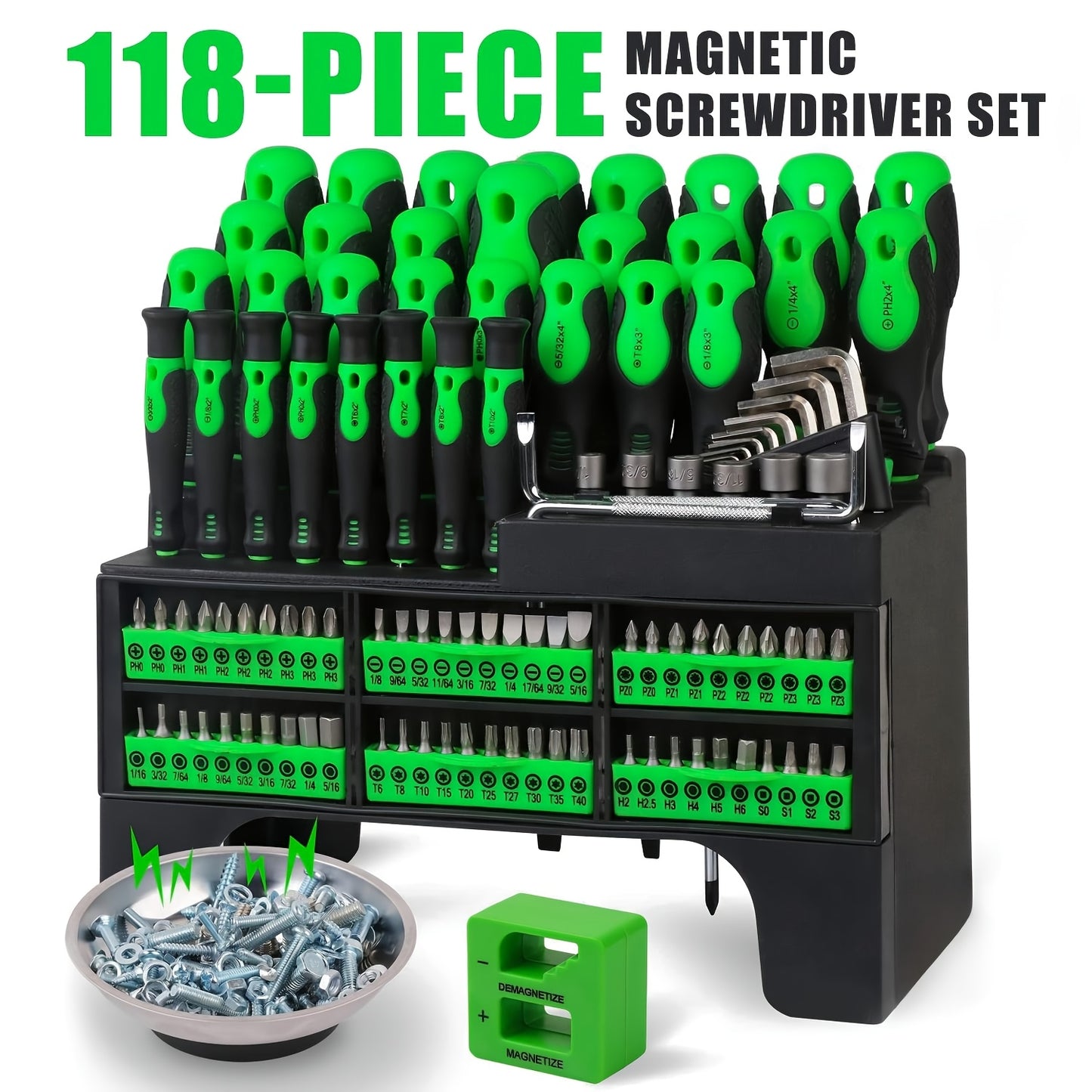 118pcs Magnetic Screwdriver Set with Plastic Organizer, Includes Precision, Slotted, Phillips, Hex, Pozidriv, Torx Screwdriver Set And Magnetizer Demagnetizer DIY Tools - Perfect Tools Gift for Men (Green/Red/Blue/Orange&Blue)
