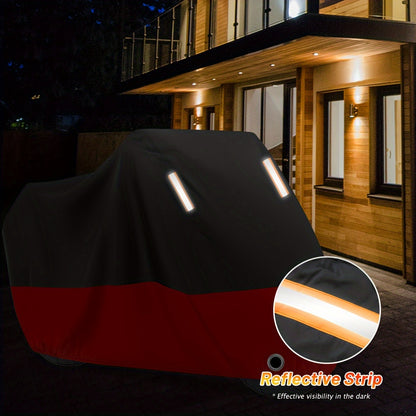 Motorcycle Cover, 210D Oxford Cloth All Weather Outdoor Wind And Sun Protection with Reflective Stripes for Harley Davidson for HONDA for SUZUKI Kawasaki Yamaha (Black And Red)