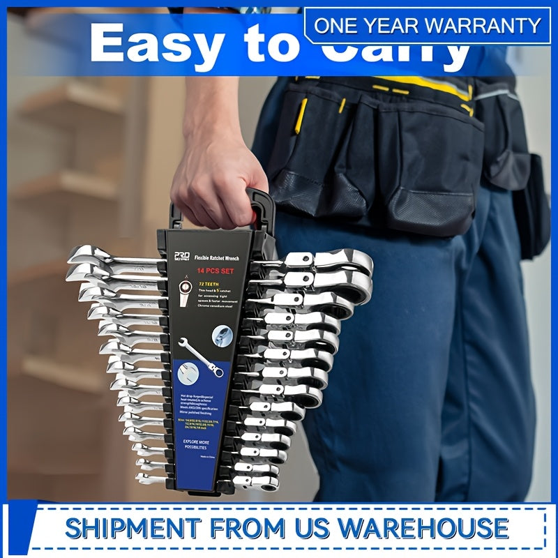 Professional 14-PCS SAE Flex Head Ratcheting Wrench Set - 1/4" To 7/8" Chrome Vanadium Steel With Organizer Rack - For Automotive & Mechanical Repair