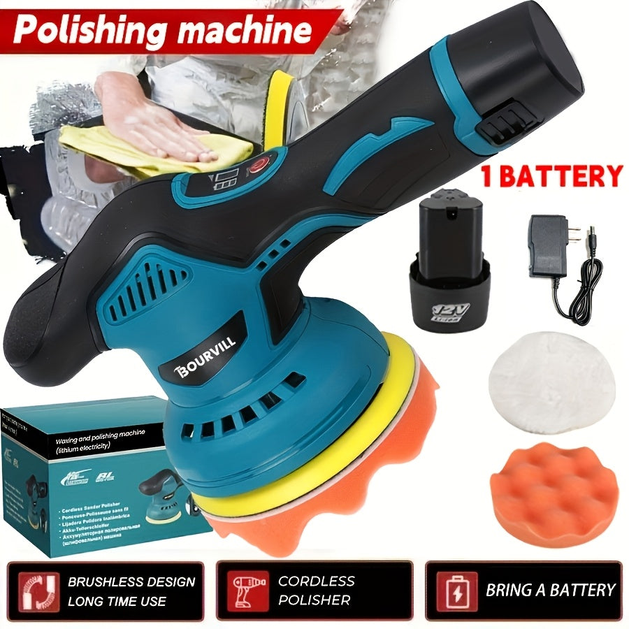 BOURVILL Cordless Car Polisher, Car Polishing Kit, with Battery, 8 Gears, up to 5000 RPM, 5-inch Grinding Screen Button, for Car Detailing/scratch Removal