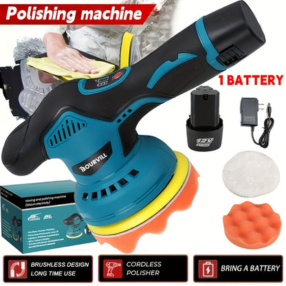 BOURVILL Cordless Car Polisher, Car Polishing Kit, with Battery, 8 Gears, up to 5000 RPM, 5-inch Grinding Screen Button, for Car Detailing/scratch Removal
