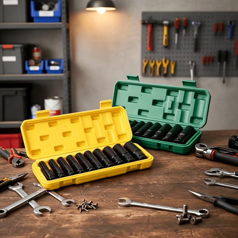This Set of 1/2 Inch Deep Impact Sockets Comes with a Sturdy Green Storage Case, Perfect for Tasks Like Tire Removal, Mechanical Repairs, And Car Maintenance. It Works Well with Both Electric And Pneumatic Drills