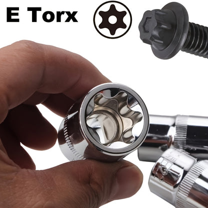 14pcs E-TORX Socket Set - Premium Star Torque Tools, 1/4", 3/8", 1/2" Drive, External Torx E4-E24 Sockets for All Vehicles, Fathers Day Gift
