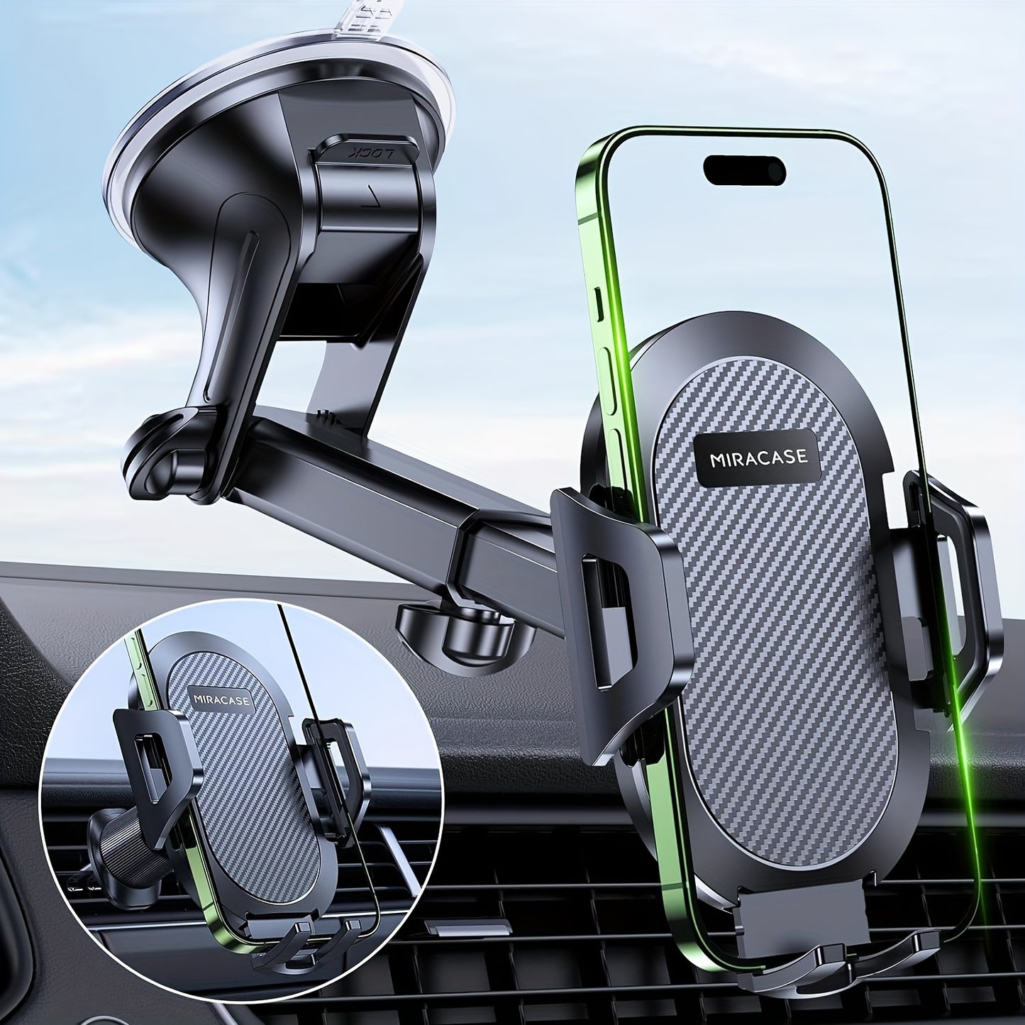 Miracase 3-in-1 Car Phone Mount - Super Suction Dashboard & Air Vent Holder With Telescopic Arm, Adjustable Cradle For All Phones, Quick Release, Durable Metal Hooks, Holiday Gift, Black.