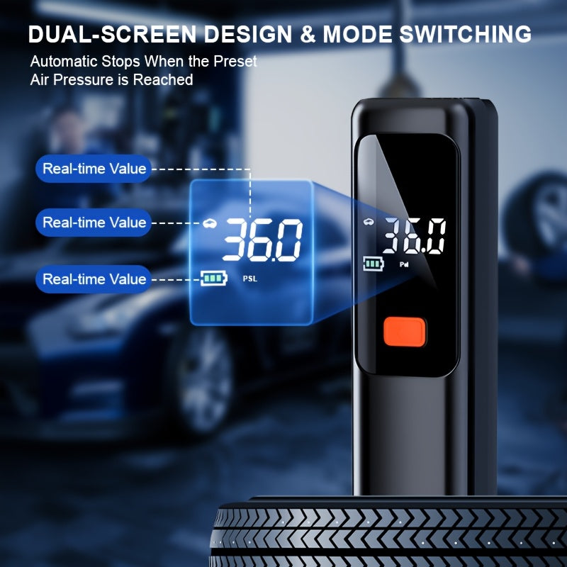 Portable Car Air Pump | Fast Air Filling, Digital LED Tire Pump, Automatic Tire Pressure Detection, Wireless Air Compressor - Suitable For Car, Bicycle, Motorcycle Tires, Basketball Inflating, USB Charging, Rechargeable Battery