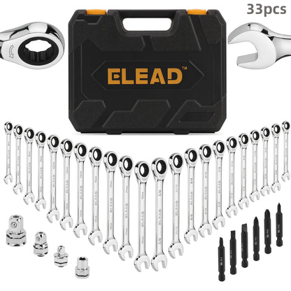 33pcs Combination Ratchet Wrench Set, SAE And Metric Sizes, 72-Tooth Gear Design, CR-V Steel, Adjustable, Manual Operation for Car Maintenance (Includes 22 Ratcheting Wrenches, 4 Adapters, And 6 Screwdriver Bits, And 1 Storage Case)
