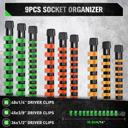 [Heavy Duty, Socket Organizer] HORUSDY 9pcs Heavy Duty ABS Socket Organizer | 1/2 inch, 3/8 inch & 1/4 inch Drive Socket Rail Holders with Red Blue Black Clips - Includes 9 Extra Clips