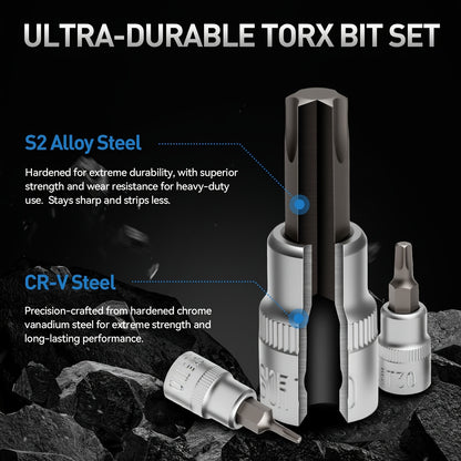 34/34+12pcs 3/8'' Drive Torx Star Bit Sockets CR-V E-Socket Set, E4-20, T10-60, Tamper Proof Set TT10-TT55, 5/16"F to 3/8"M Adapter with Storage Case,S2 Steel, Ideal for Car,Trucks,Home Improvement