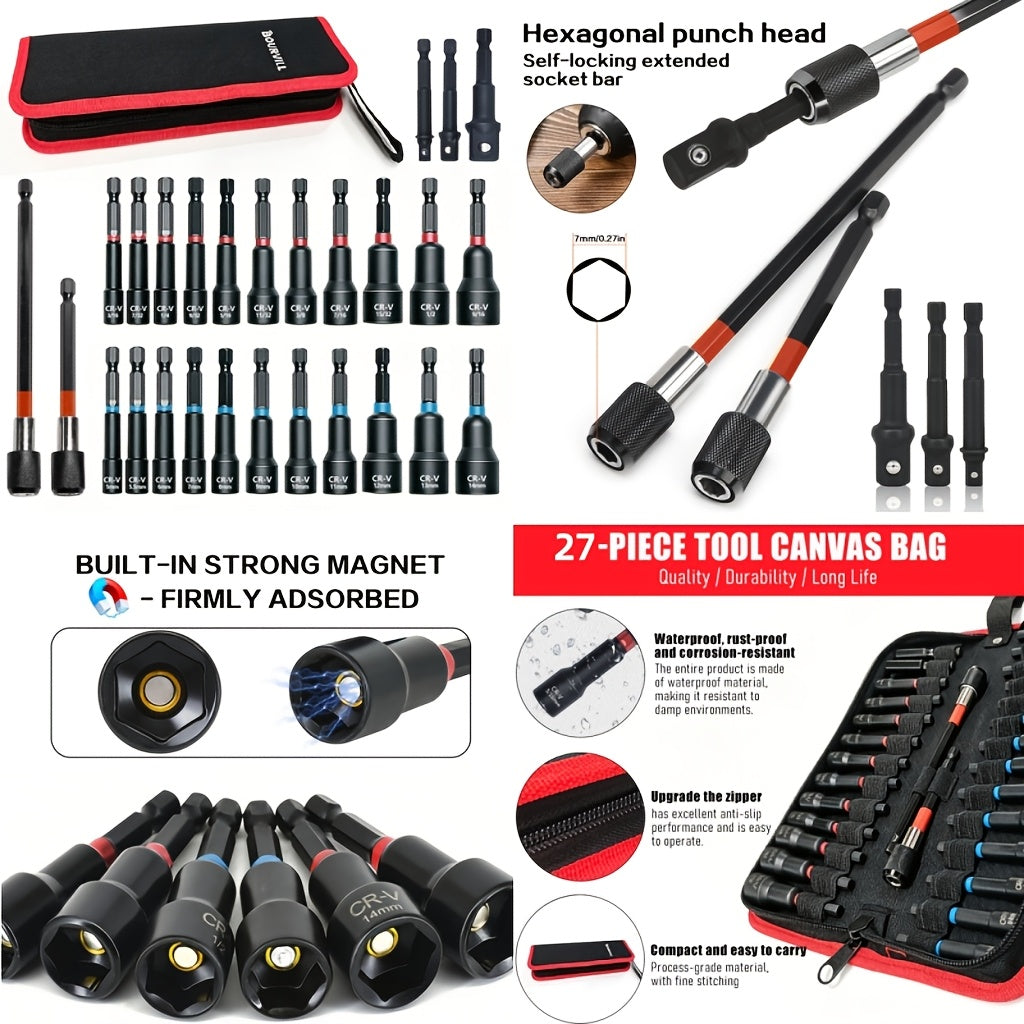 10+3pcs/14pcs/27pcs/54pcs Magnetic Socket And Screwdriver Set, Impact Power Hexagonal Extended Nut Screwdriver Drill Bit Main Kit, Imperial And Metric, 1/4-inch Hexagonal Handle, Chrome-vanadium Steel Material, An Ideal Choice for Daily Use