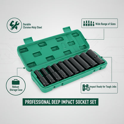 1/2-Inch Deep Impact Socket Set with Sturdy Green Storage Case, Pneumatic& Electric Drill Compatible, Ideal for Tire Removal, Mechanical Repair& Auto Maintenance