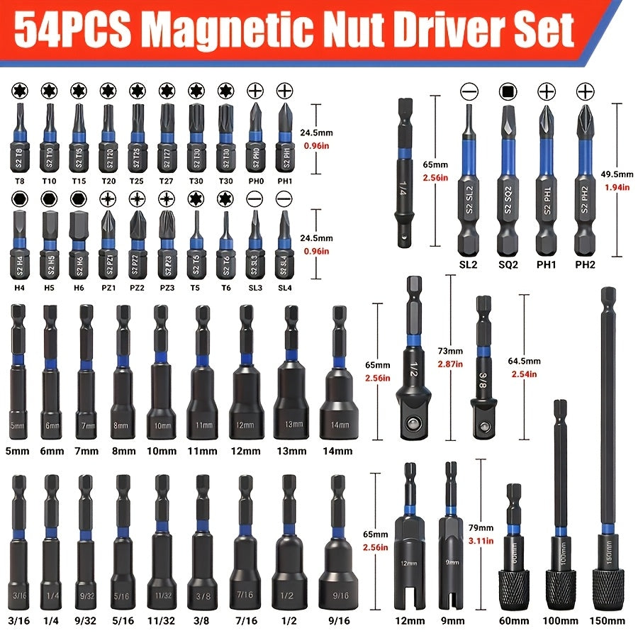10+3pcs/14pcs/27pcs/54pcs Magnetic Socket And Screwdriver Set, Impact Power Hexagonal Extended Nut Screwdriver Drill Bit Main Kit, Imperial And Metric, 1/4-inch Hexagonal Handle, Chrome-vanadium Steel Material, An Ideal Choice for Daily Use