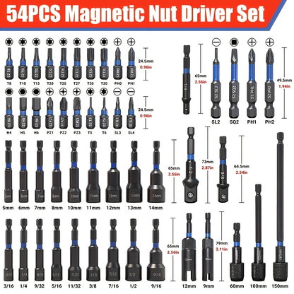 10+3pcs/14pcs/27pcs/54pcs Magnetic Socket And Screwdriver Set, Impact Power Hexagonal Extended Nut Screwdriver Drill Bit Main Kit, Imperial And Metric, 1/4-inch Hexagonal Handle, Chrome-vanadium Steel Material, An Ideal Choice for Daily Use