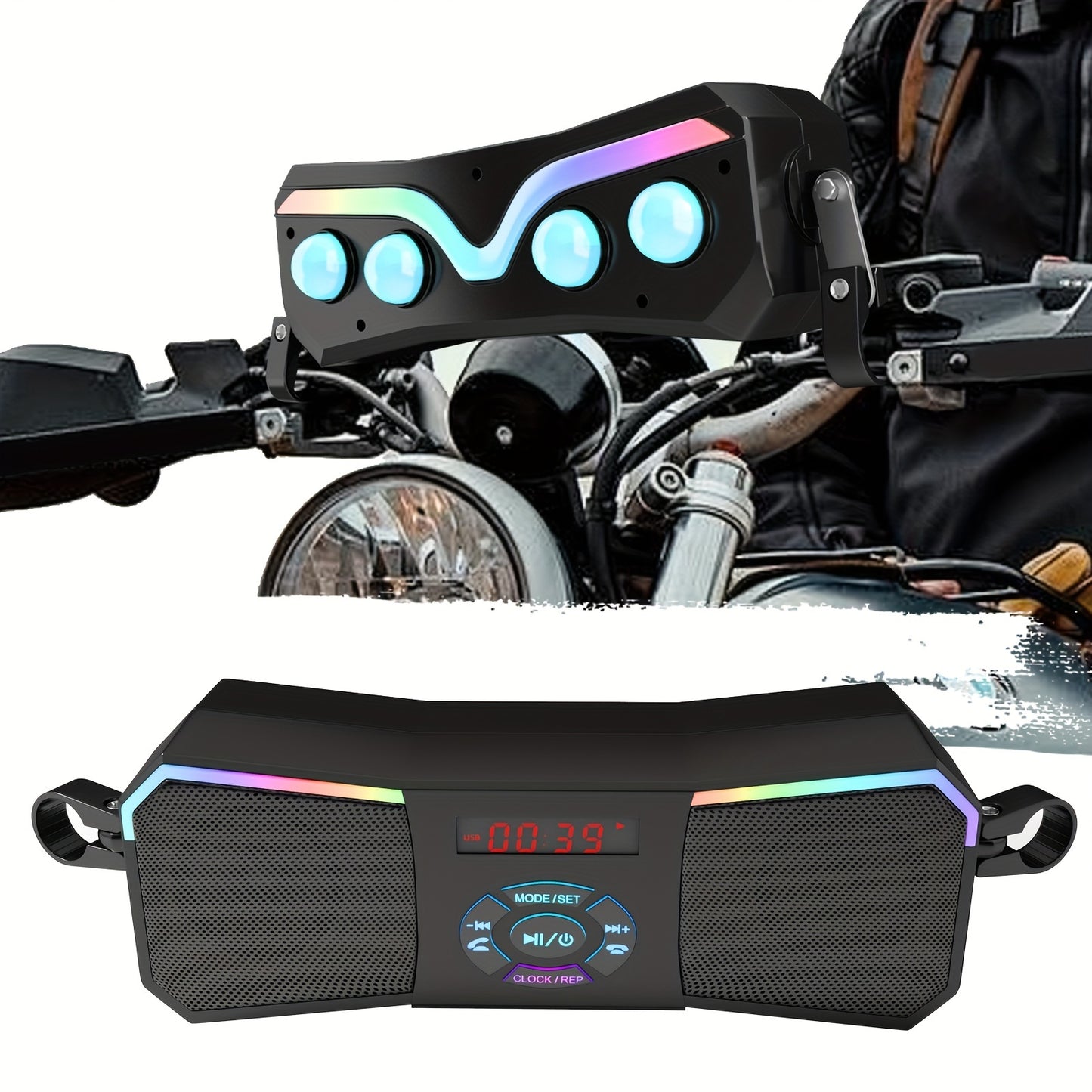 Korbros Handlebar Mount Stereo Wireless Motorcycle Speakers, MP3 Music Player Audio Amplifier, AUX-in, USB, FM Radio, 12V, Room Electrical/Hard Wiring, Button Control, Off-road-motorcycles, Without Battery