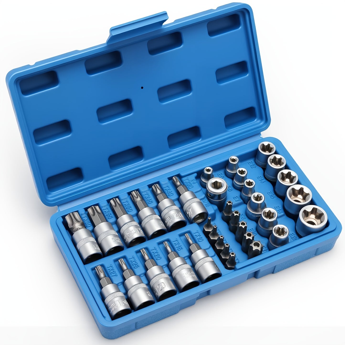 34/34+12pcs 3/8'' Drive Torx Star Bit Sockets CR-V E-Socket Set, E4-20, T10-60, Tamper Proof Set TT10-TT55, 5/16"F to 3/8"M Adapter with Storage Case,S2 Steel, Ideal for Car,Trucks,Home Improvement