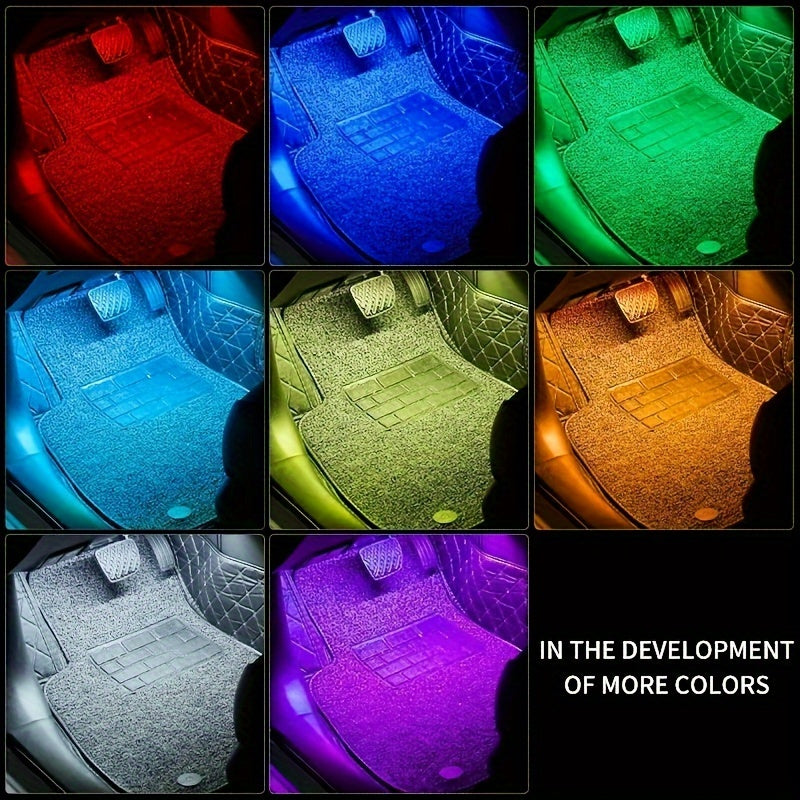 Set of 4 LED Lights for Car Interiors - Powered by USB, Featuring Colorful Underfoot Illumination That Syncs with Music to Create a Better Atmosphere, Without Battery