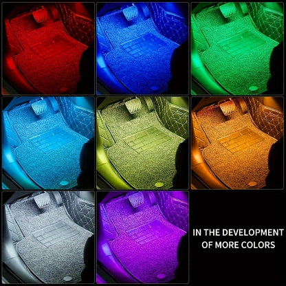 Set of 4 LED Lights for Car Interiors - Powered by USB, Featuring Colorful Underfoot Illumination That Syncs with Music to Create a Better Atmosphere, Without Battery