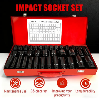 BOURVILL 35/15/10pcs 1/2" Drive Deep Impact Socket Set for Axle Hub Nut, Featuring 6-Point Metric Sizes from 8-32Mm, Made of Cr-Mo Steel, Designed for Heavy-Duty Vehicle Repair And Maintenance