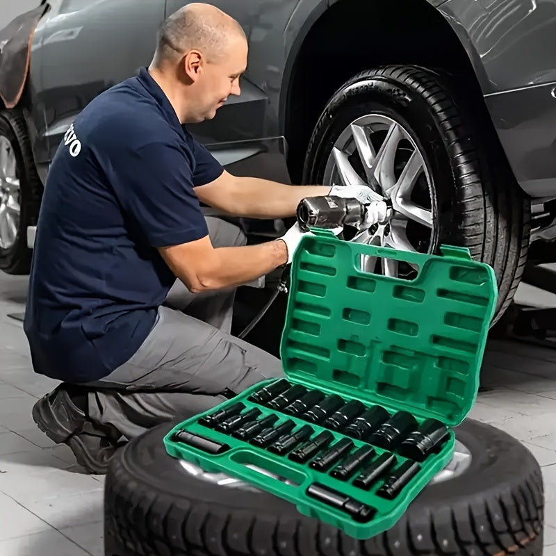 1/2-Inch Deep Impact Socket Set with Sturdy Green Storage Case, Pneumatic& Electric Drill Compatible, Ideal for Tire Removal, Mechanical Repair& Auto Maintenance