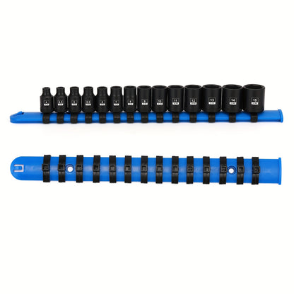13pcs 3/8" Drive Magnetic Impact Socket Set, 6 Point, CR-MO, Deep, Metric, 7Mm, 8Mm, 9Mm, 10Mm, 11Mm, 12Mm, 13Mm, 14Mm, 15Mm, 16Mm, 17Mm, 18Mm, 19Mm, with Storage Rails, Connect The Impact Tool to Use, Tight Connection