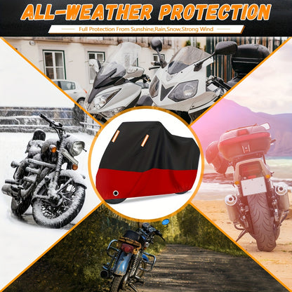 Motorcycle Cover, 210D Oxford Cloth All Weather Outdoor Wind And Sun Protection with Reflective Stripes for Harley Davidson for HONDA for SUZUKI Kawasaki Yamaha (Black And Red)
