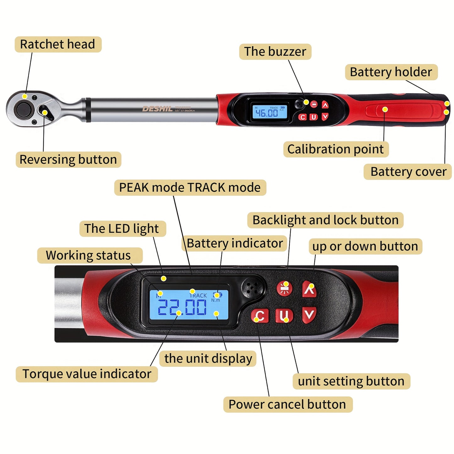 [Digital Torque Wrench] 1/2, 3/8 Inch Drive Digital Torque Wrench, 17-340 Nm (12.5-250.8 Ft-Lb), 6.8-135 Nm (5.02-99.57 Ft-Lb), Electric Torque Wrench With Buzzer And LED, Preset Values And Data Storage, For Bike/Motorcycle/Auto Repairs, Plus And Minus 2%
