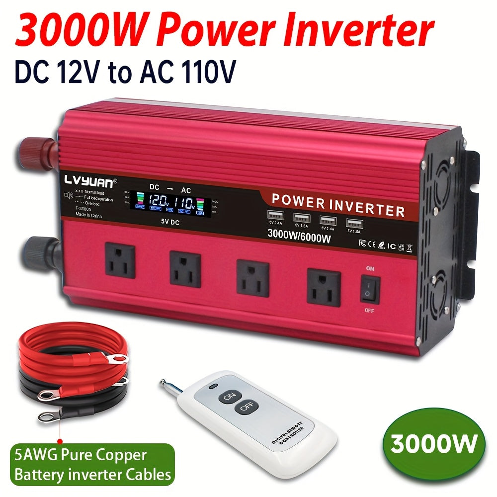 [Car Power Inverter] LVYUAN 200W/1000W/3000W Car Power Inverter DC 12V to 110V AC Converter with LCD Display Dual AC Outlets And Dual USB Car Charger for Car Home Laptop Truck Boat Red