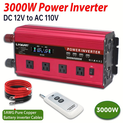 [Car Power Inverter] LVYUAN 200W/1000W/3000W Car Power Inverter DC 12V to 110V AC Converter with LCD Display Dual AC Outlets And Dual USB Car Charger for Car Home Laptop Truck Boat Red
