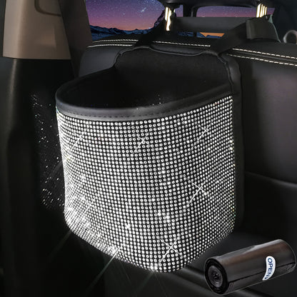 2pcs/set Sparkling Bling Rhinestones Car Trash Can+1pc Trash Bag- Durable & Convenient Hanging Storage Bag For Seat Back - Multifunctional, Space-Saving Car Interior Accessory, Premium Quality