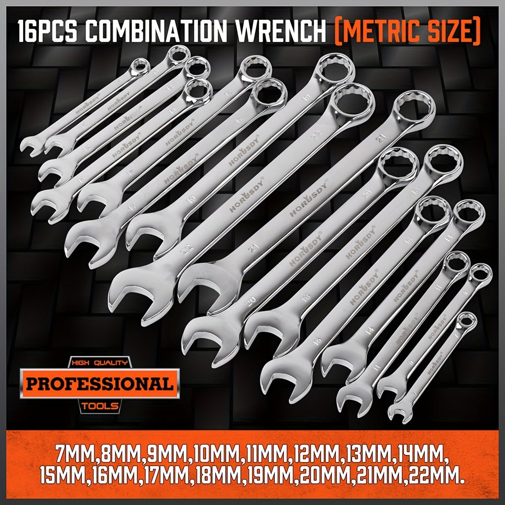 32pcs Combination Wrenches Featuring Both Box And Open Ends, Suitable for Standard Sizes in SAE And Metric Ranging from 1/4" to 1" And 7Mm to 22Mm, Made from Chrome Vanadium Steel And Comes with a Case