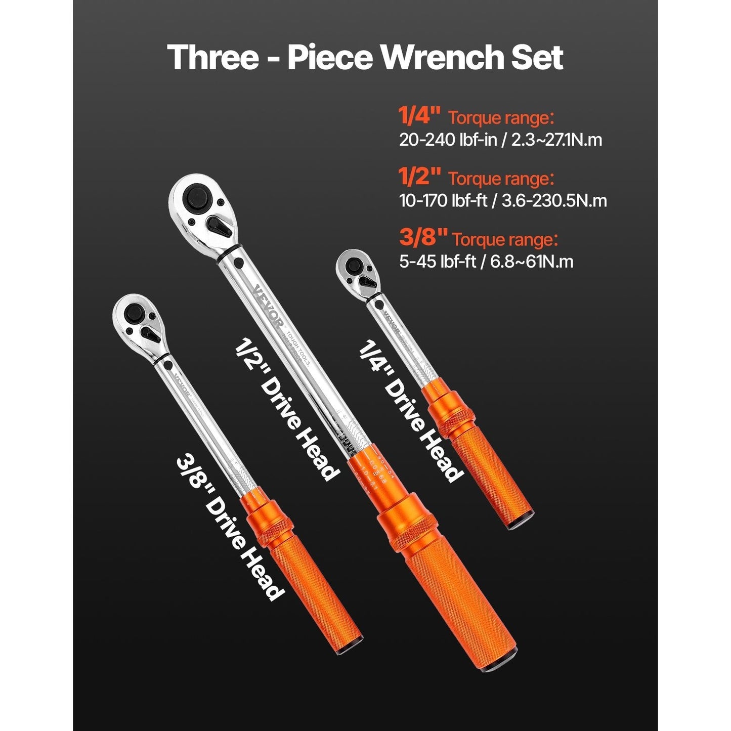 Click Torque Wrench Set 3 Pcs 1/4 3/8 1/2 Inch Drive Dual-direction 72-Tooth