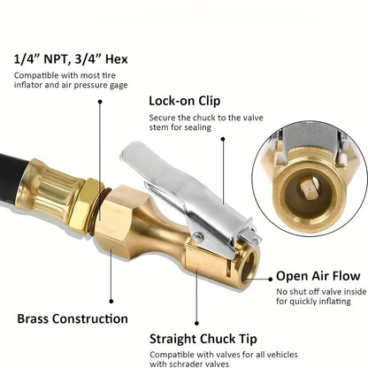 4pcs Heavy Duty Brass Air Chucks with Clips, Universal Model, Closed Flow Lock-On Tire Valve with Clip, for Inflator Gauge Compressor Accessories