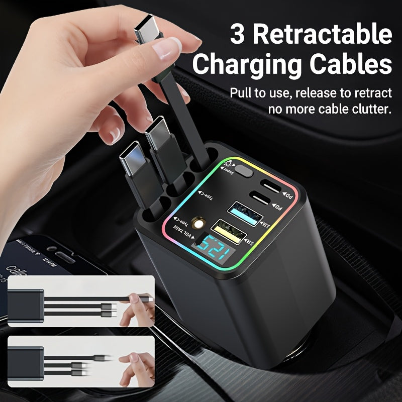 7-in-1 Car Fast Charging Mobile Phone Charger | Upgraded Color Light, 3 Extendable Cables, Fast Charging Interface, 180° Free Adjustment Angle, LED Intelligent Digital Display Screen, USB Connector, Universally Applicable, Without Battery