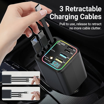 7-in-1 Car Fast Charging Mobile Phone Charger | Upgraded Color Light, 3 Extendable Cables, Fast Charging Interface, 180° Free Adjustment Angle, LED Intelligent Digital Display Screen, USB Connector, Universally Applicable, Without Battery
