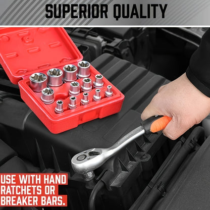 14pcs E-TORX Socket Set - Premium Star Torque Tools, 1/4", 3/8", 1/2" Drive, External Torx E4-E24 Sockets for All Vehicles, Fathers Day Gift
