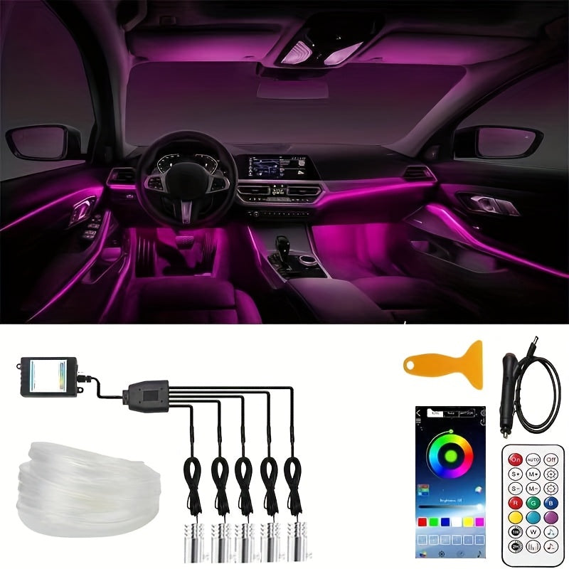 [APP Control LED Lights] RGB Car Accessories Neon Light With APP Control, 8-Color Changing (Dashboard + Roof Console), LED Car Lights, APP Application And USB Button With Voice Control RGB LED Automotive Ambient Lighting