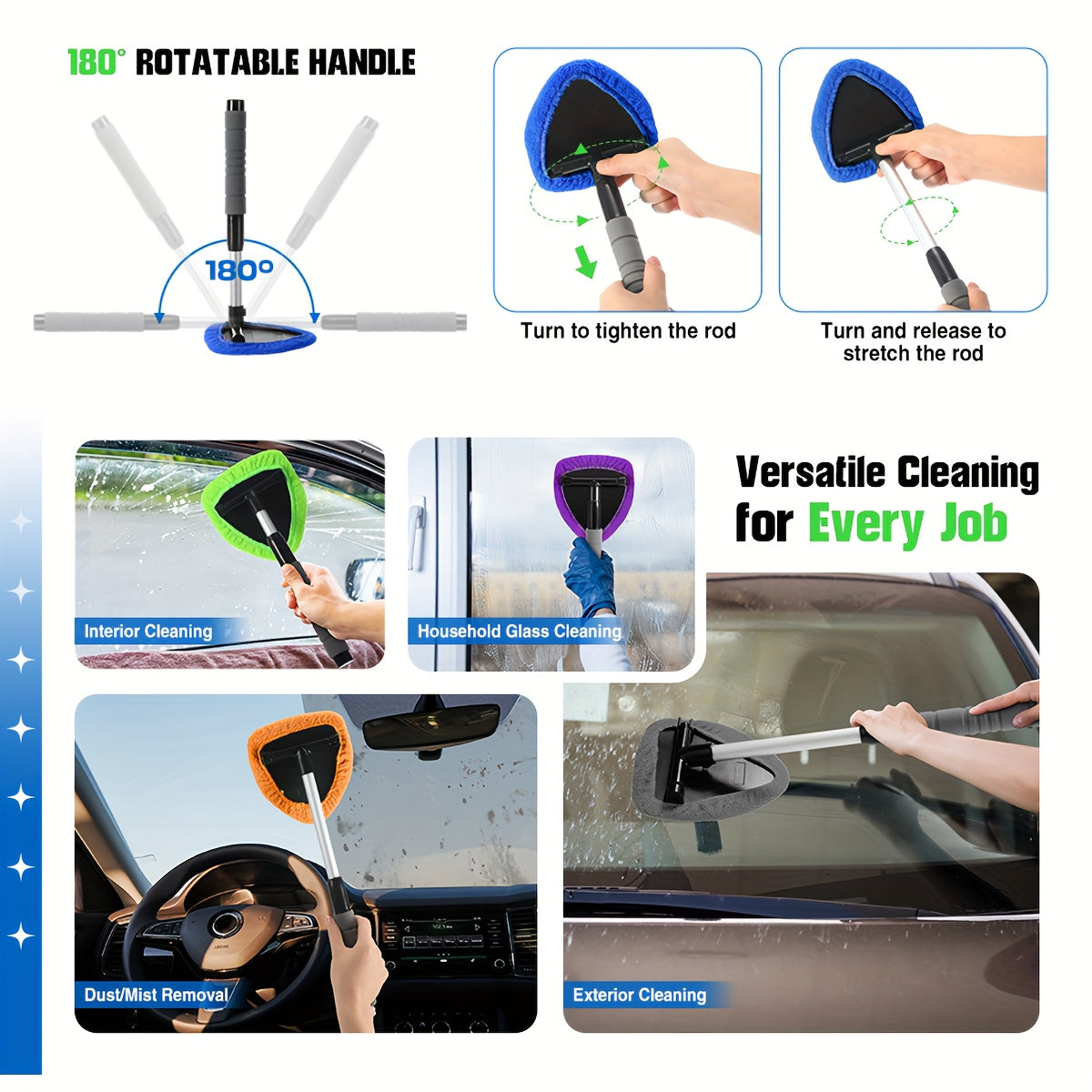 10pcs Microfiber Car Windshield Cleaning Tool Kit with Telescoping Handle And 4 Wipes - Heavy Duty Extension Pole, Durable Plastic Material, for Interior/Exterior Glass, Car Cleaning Tools, Vehicle Maintenance, Ergonomic Handle