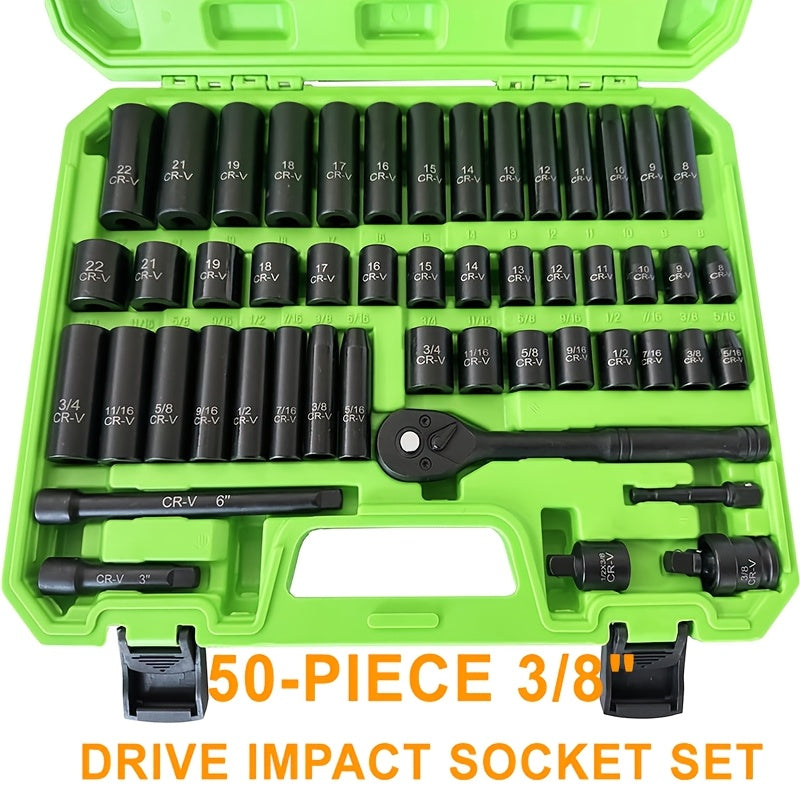 [Impact Socket Set] 50/53pcss Impact Socket Set - 3/8-Inch Drive, Including Common Metric Sizes (8-22 Mm) And Imperial Sizes (5/16-3/4 Inch), Made of CR-V Steel. The 53pcss Set Includes 24-Tooth 1/4-Inch Metric Sockets, Ideal for Enthusiasts And Machinist