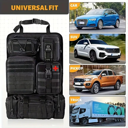 6pcs Set - Heavy-Duty MOLLE Tactical Car Seat Organizer Pouch with Adjustable Fasteners and Thickened Back Panel - Suitable for Jeeps, Trucks, SUVs - Premium Vehicle Storage System, Durable Nylon Bag for Gear, First Aid, and Tools - Car Trunk Lid
