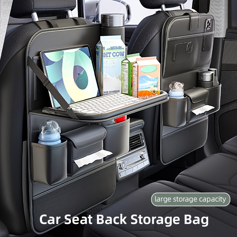 Universal Premium PU Leather Car Seat Back Organizer - Spacious Storage Bag with Back Seat Dining Table, Cup Holder, And Travel Accessories for A Comfortable Ride