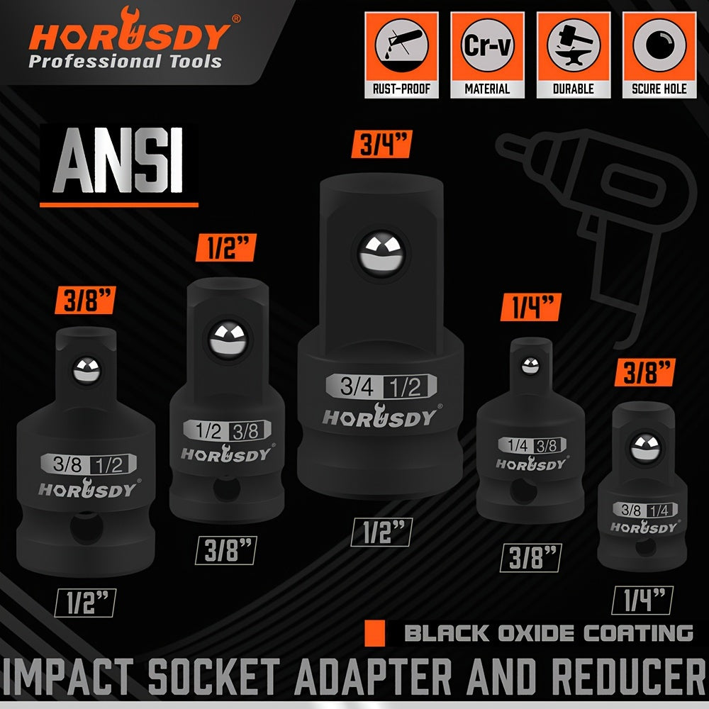 HORUSDY 5 PC Impact Socket Adapter Set - Standard SAE Size, Cr-V Steel, Impact Driver & Wrench Conversion Kit, Locking Impact Socket Adapters & Reducer Set, Ball Detent 1/4 3/8 1/2 3/4 Inch - For Mechanics & DIY Enthusiasts - Ideal for Automotive Repair &