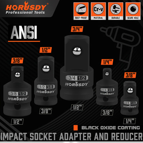 HORUSDY 5 PC Impact Socket Adapter Set - Standard SAE Size, Cr-V Steel, Impact Driver & Wrench Conversion Kit, Locking Impact Socket Adapters & Reducer Set, Ball Detent 1/4 3/8 1/2 3/4 Inch - For Mechanics & DIY Enthusiasts - Ideal for Automotive Repair &